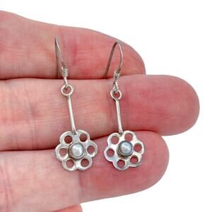 Estate Sterling Silver 925 Openwork Flower Pearl Dangle Earrings